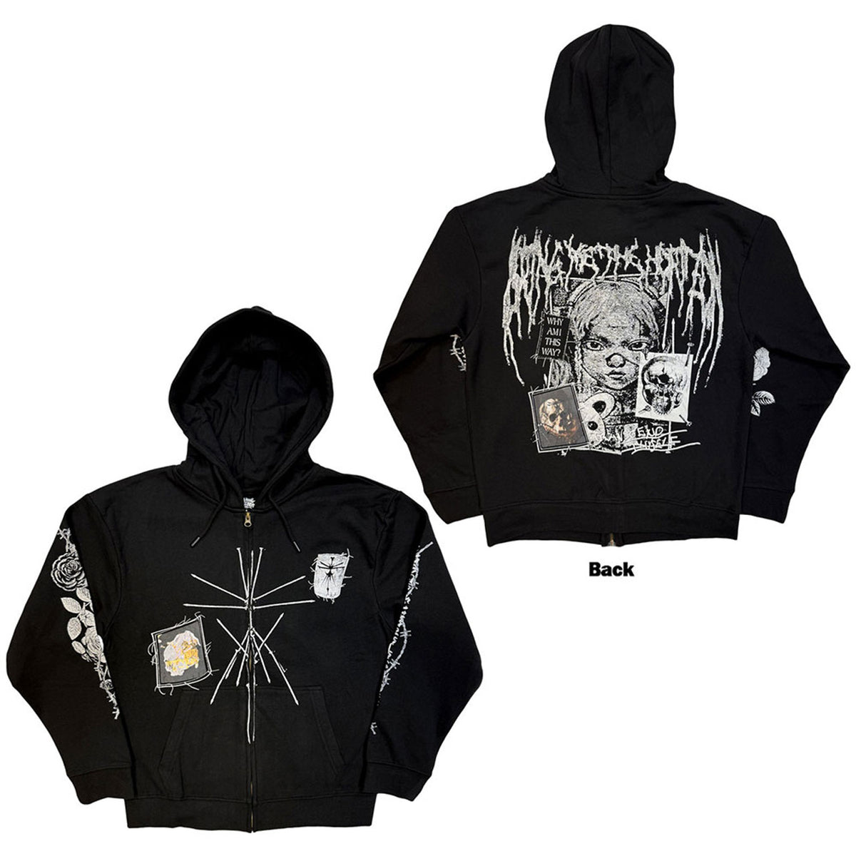 Bring Me The Horizon Unisex Zipped Hoodie: Nailed Symbol (Black) (Back Print)