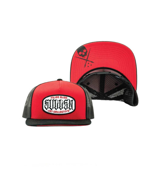 SULLEN CLOTHING STATION RED & BLACK SNAPBACK TRUCKERS CAP HAT