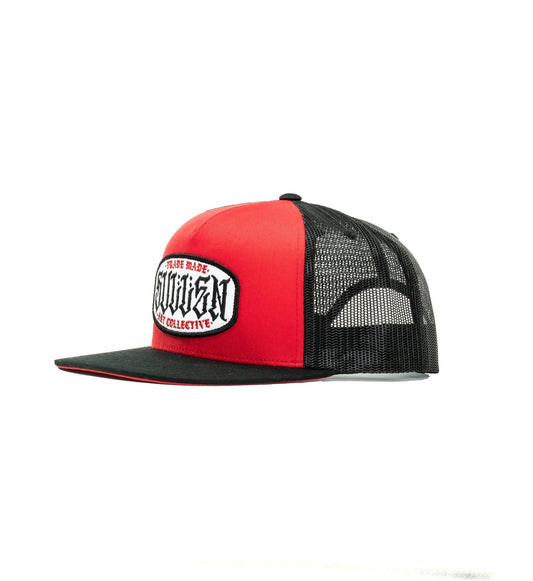 SULLEN CLOTHING STATION RED & BLACK SNAPBACK TRUCKERS CAP HAT