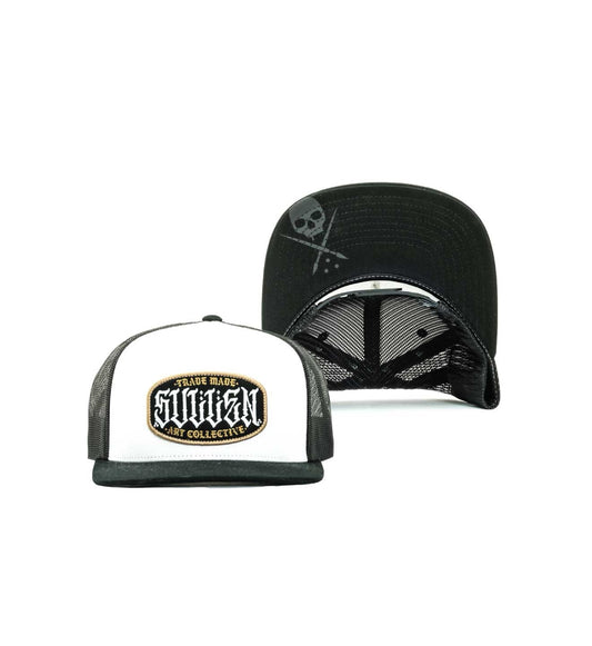 SULLEN CLOTHING STATION WHITE & BLACK SNAPBACK TRUCKERS CAP HAT