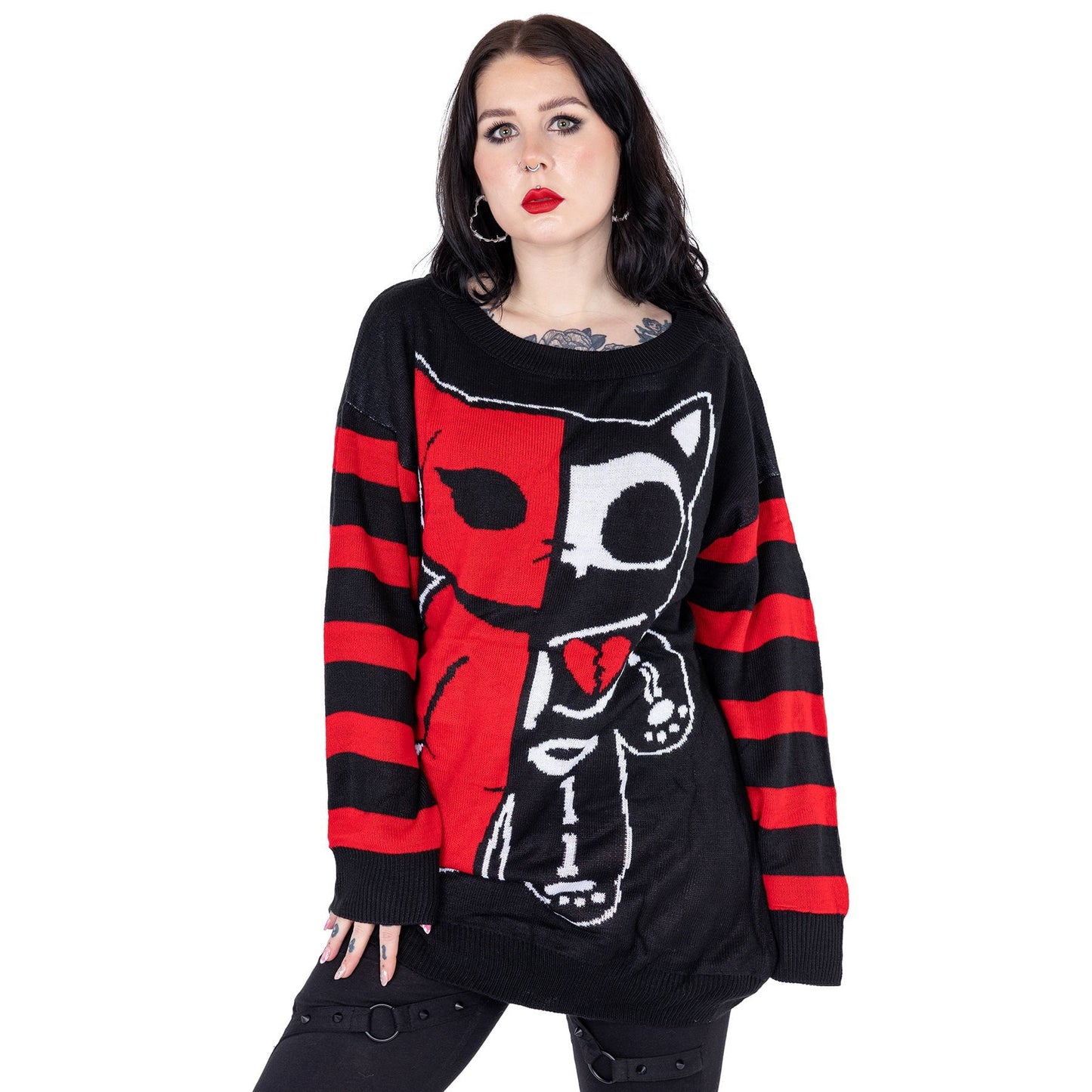 POIZEN HEARTLESS HALF DEAD CAT JUMPER RED WHITE BLACK