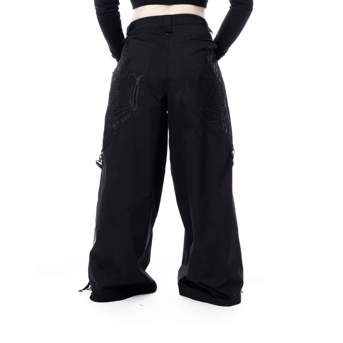 VIXXSIN MARIPOSA PANTS - SUPER BAGGY IN BLACK WITH EMBROIDERY