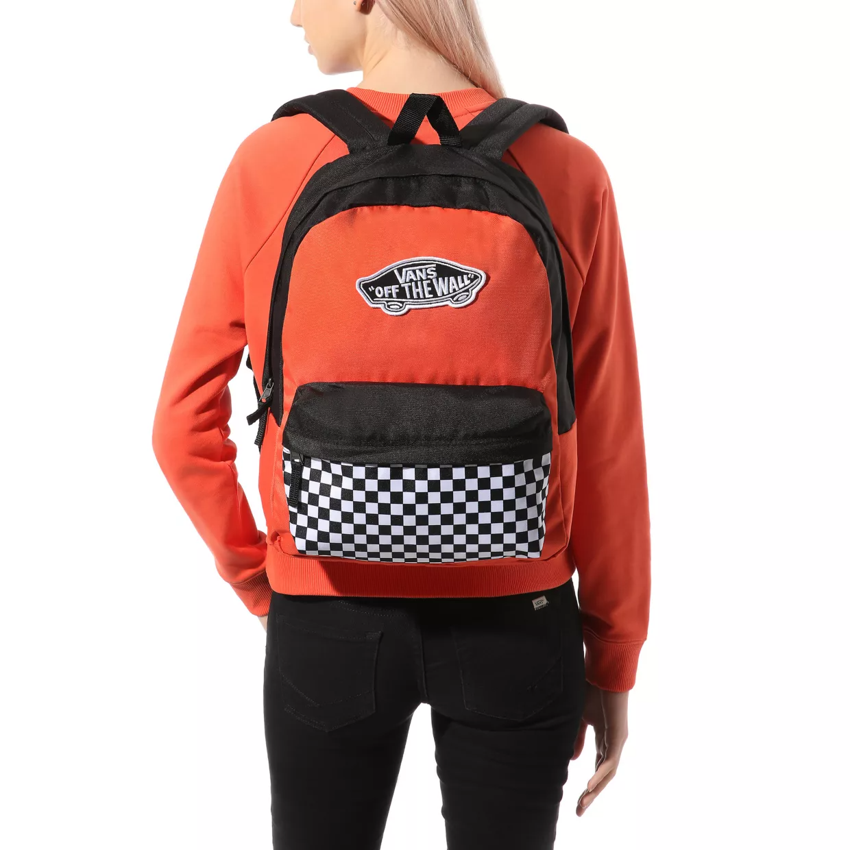 VANS REALM PAPRIKA BLACK & WHITE CHECKERBOARD BACKPACK