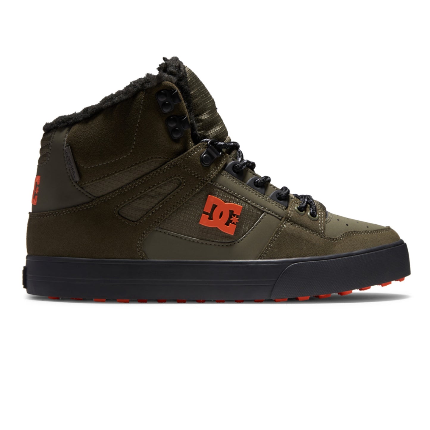 DC SHOES PURE HIGH TOP WNT DUSTY OLIVE GREEN & ORANGE WINTERISED TRAINERS BOOTS