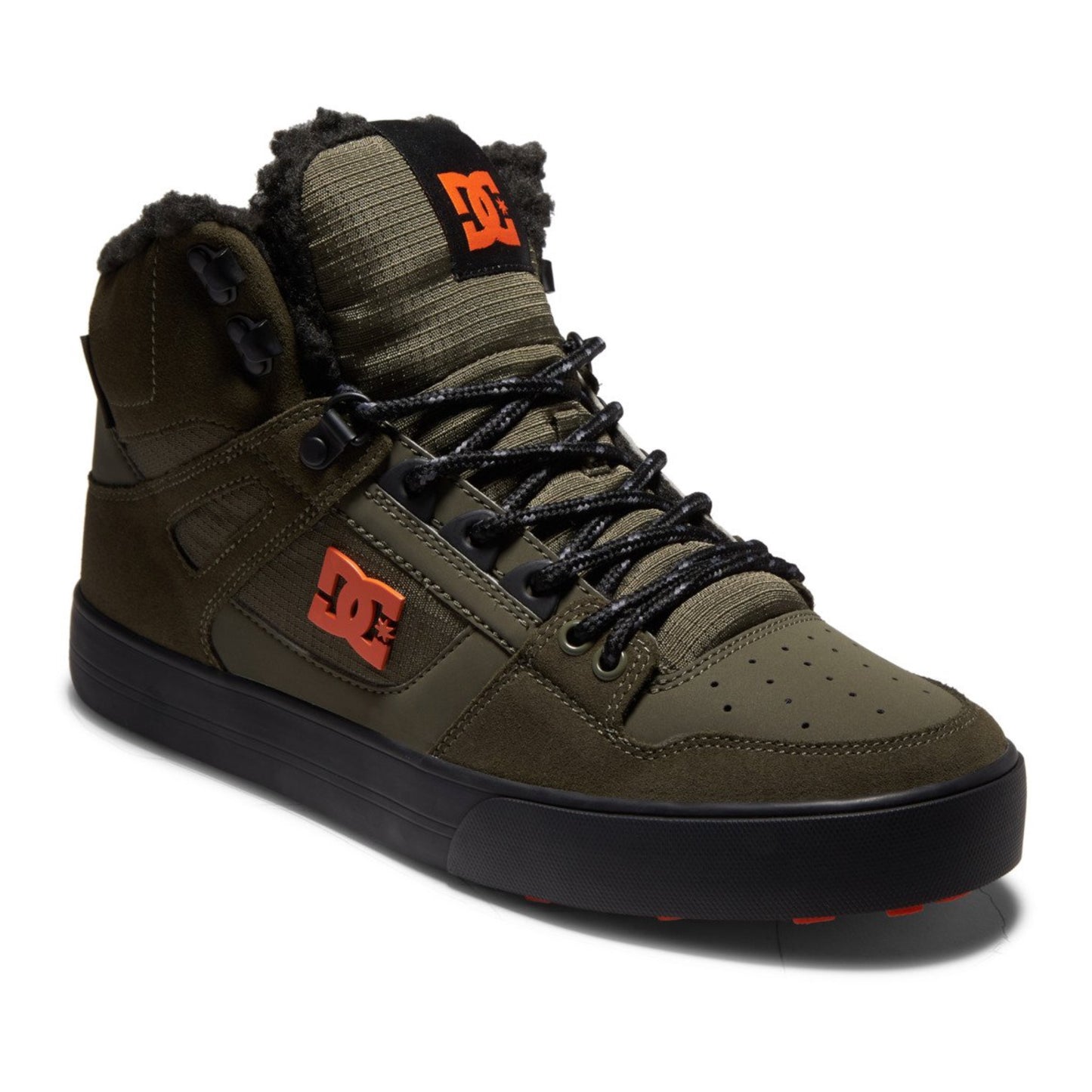 DC SHOES PURE HIGH TOP WNT DUSTY OLIVE GREEN & ORANGE WINTERISED TRAINERS BOOTS