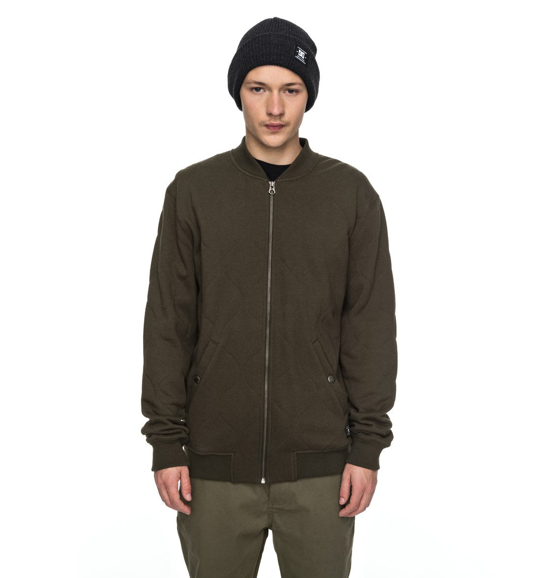DC SHOES LELAND QUILTED JERSEY DARK OLIVE GREEN BOMBER JACKET