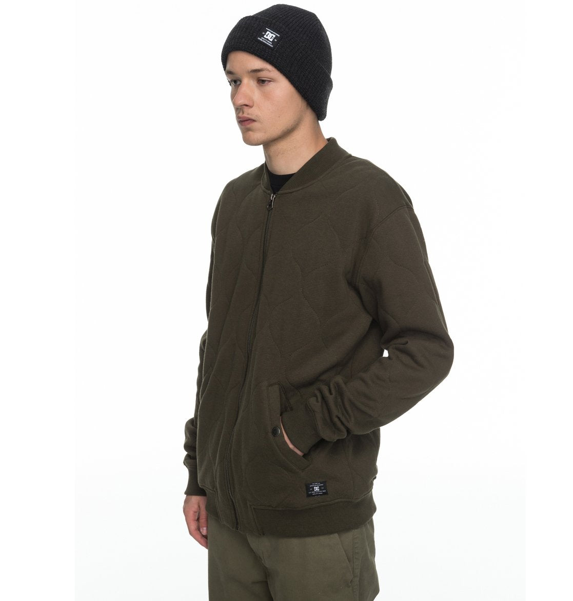 DC SHOES LELAND QUILTED JERSEY DARK OLIVE GREEN BOMBER JACKET