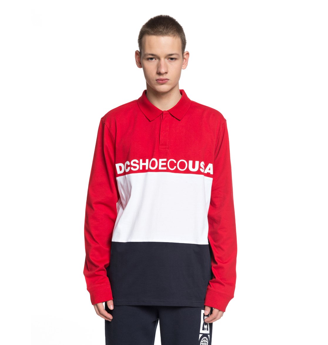 DC SHOES STEWARDSON RED WHITE NAVY LONG SLEEVE POLO SHIRT