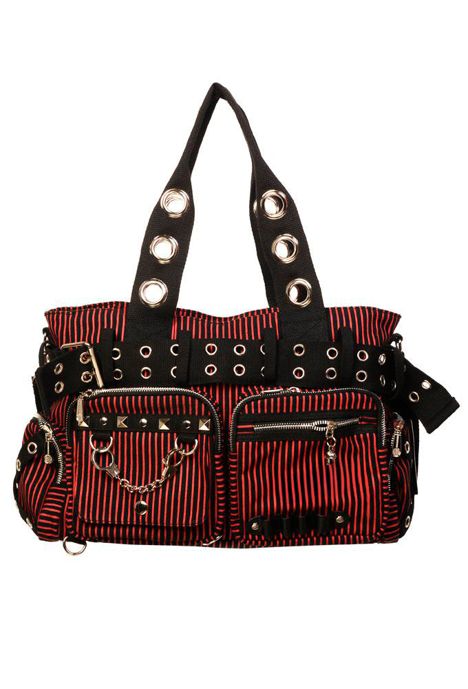 LOST QUEEN SWEET REVENGE BLACK RED PINSTRIPE HANDBAG BBN754