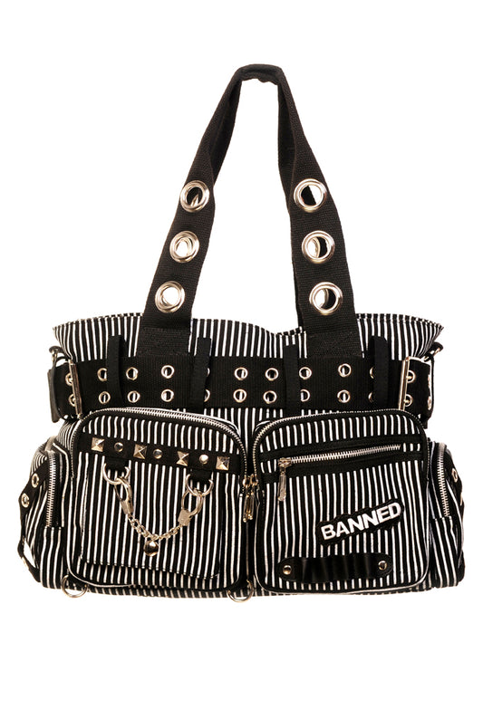 BANNED HANDCUFF HANDBAG BBN754 WHITE PINSTRIPE