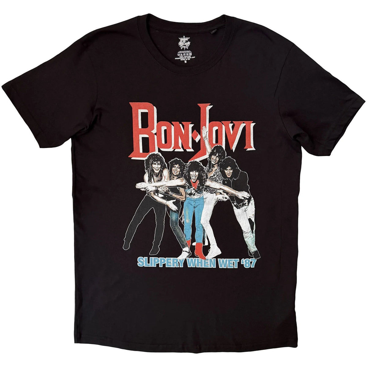 Bon Jovi Unisex T-Shirt: Slippery When Wet '87 (Black) (Back Print)