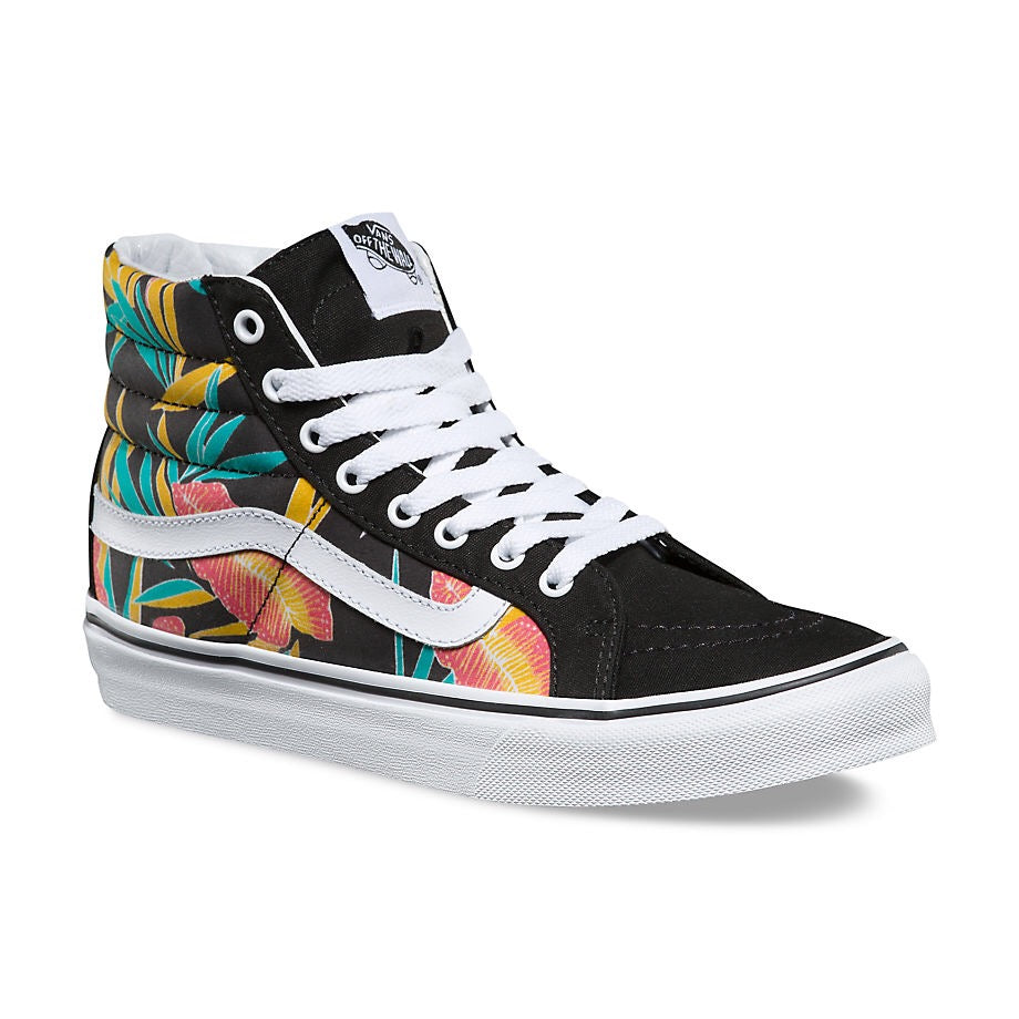 VANS SK8-HI SLIM TROPICAL LEAVES BLACK & WHITE LADIES TRAINERS