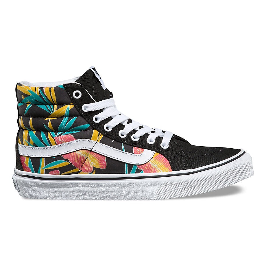 VANS SK8-HI SLIM TROPICAL LEAVES BLACK WHITE LADIES TRAINERS