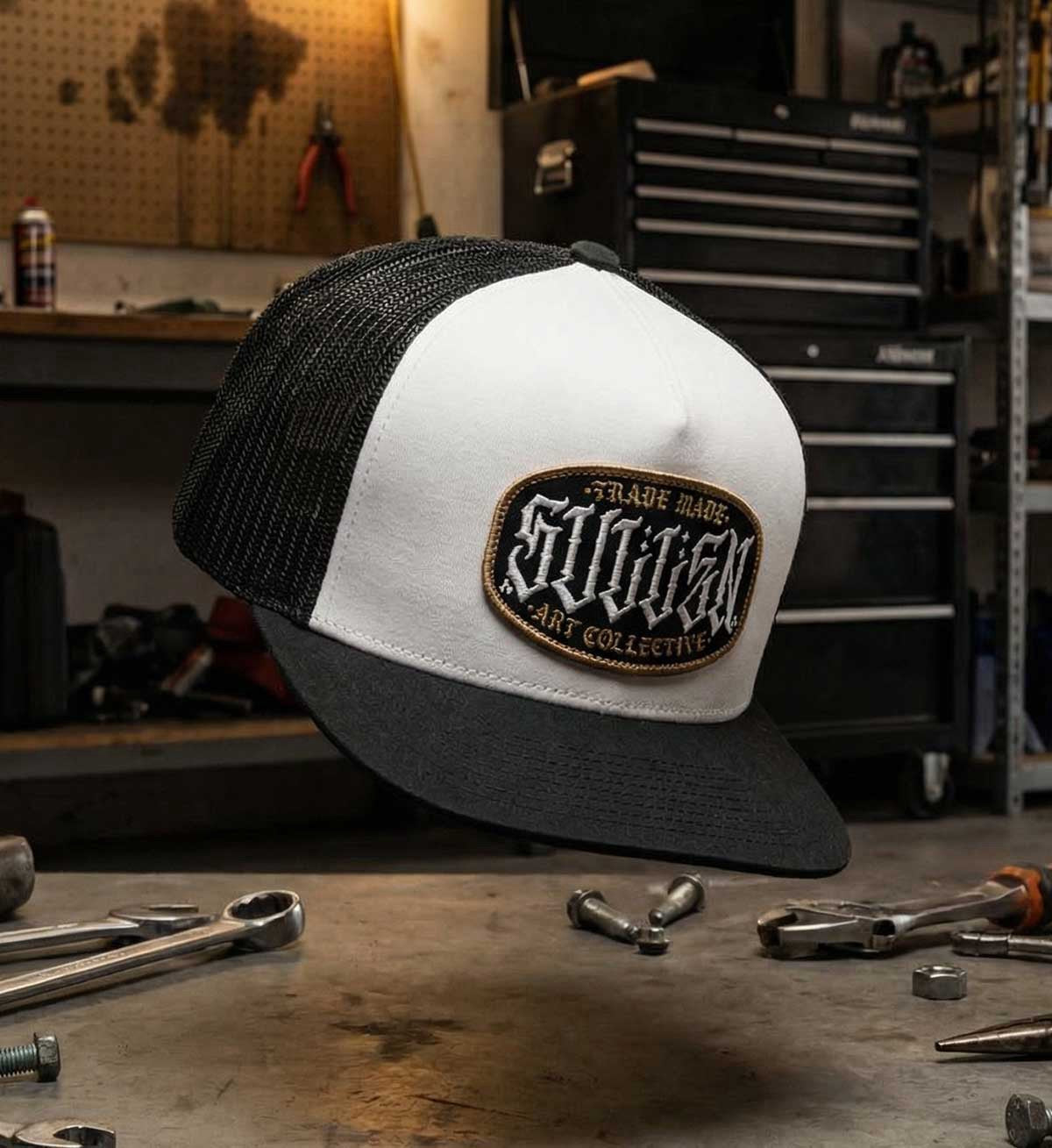 SULLEN CLOTHING STATION WHITE & BLACK SNAPBACK TRUCKERS CAP HAT