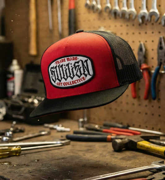 SULLEN CLOTHING STATION RED & BLACK SNAPBACK TRUCKERS CAP HAT