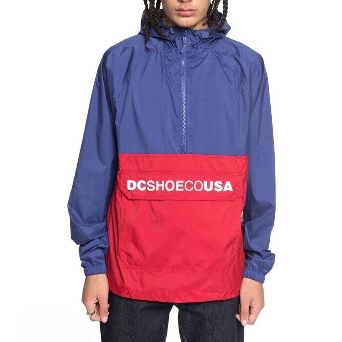 DC SHOES SEDGEFIELD RED & BLUE HOODED ANORAK HALF ZIP WINDBREAKER JACKET