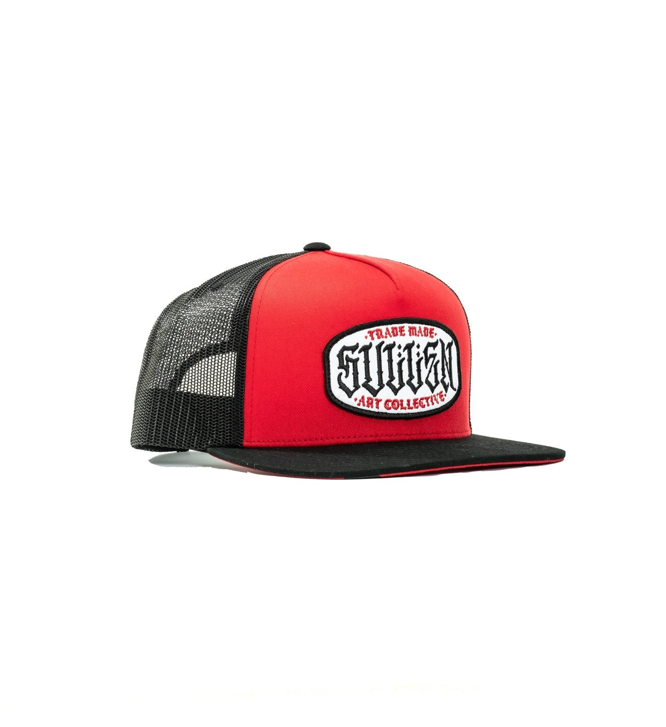 SULLEN CLOTHING STATION RED & BLACK SNAPBACK TRUCKERS CAP HAT