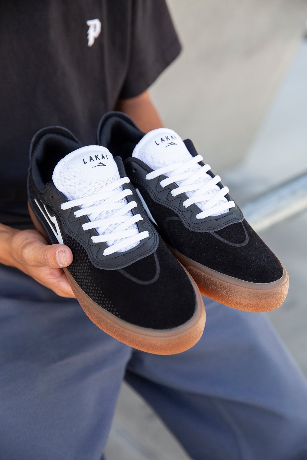 LAKAI ESSEX BLACK GUM SUEDE TRAINERS