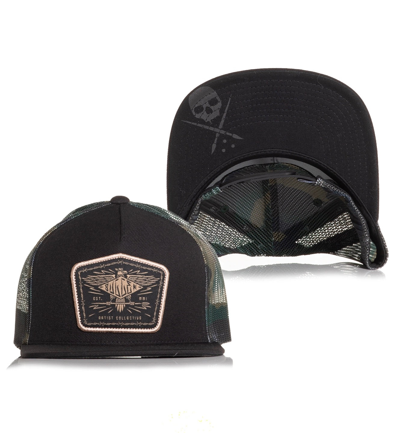 SULLEN CLOTHING EAGLE CREST BLACK CAMO TRUCKER SNAPBACK CAP HAT