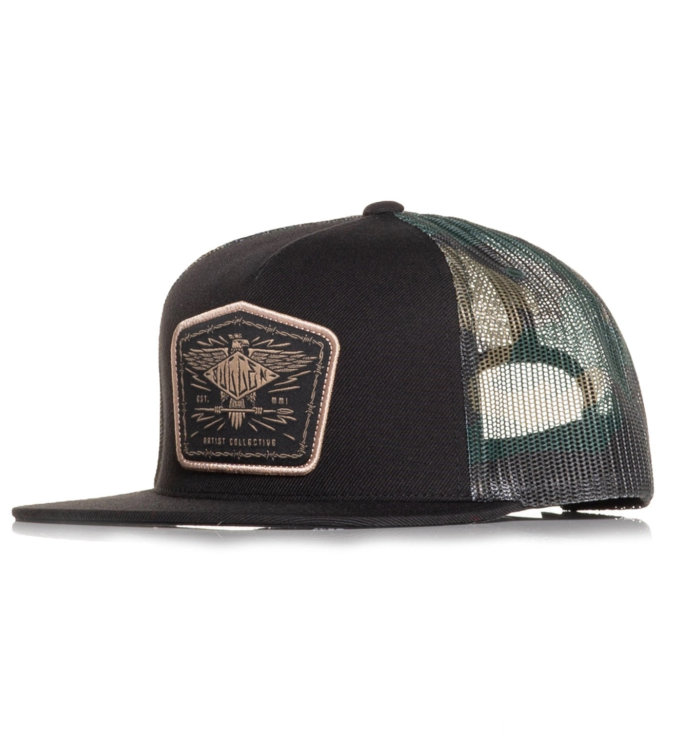 SULLEN CLOTHING EAGLE CREST BLACK CAMO TRUCKER SNAPBACK CAP HAT