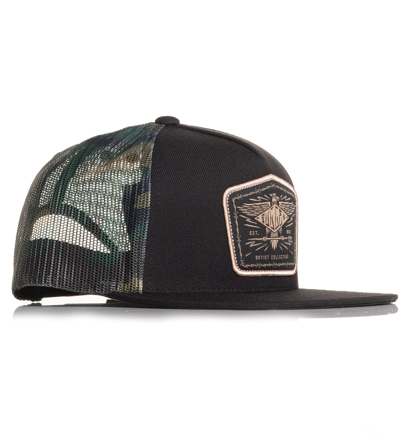 SULLEN CLOTHING EAGLE CREST BLACK CAMO TRUCKER SNAPBACK CAP HAT