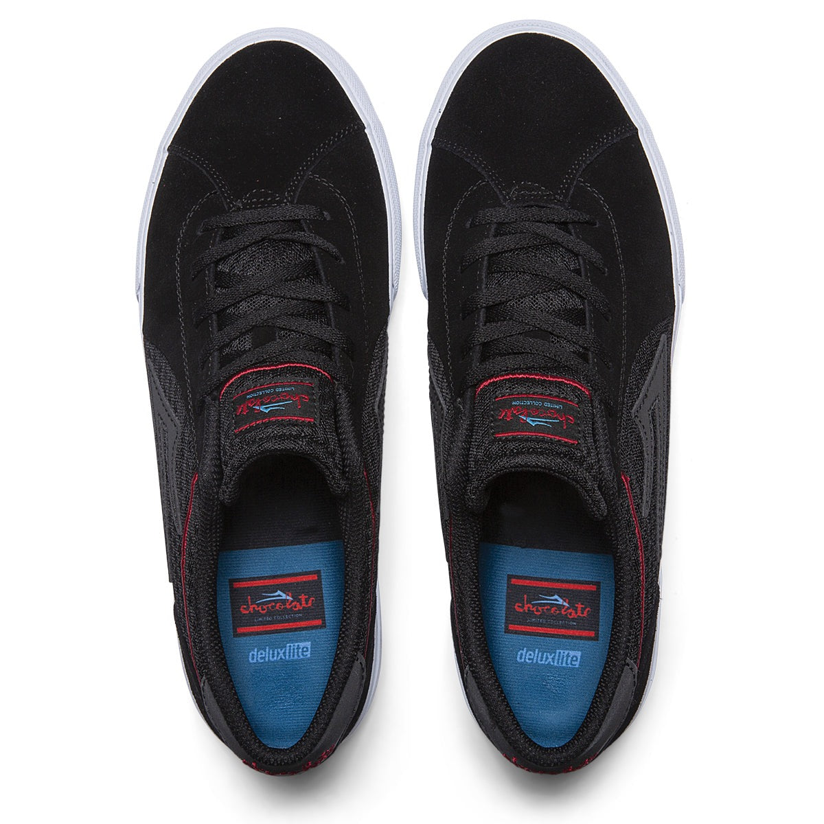 LAKAI X CHOCOLATE FLACO 2 BLACK RED SUEDE TRAINERS