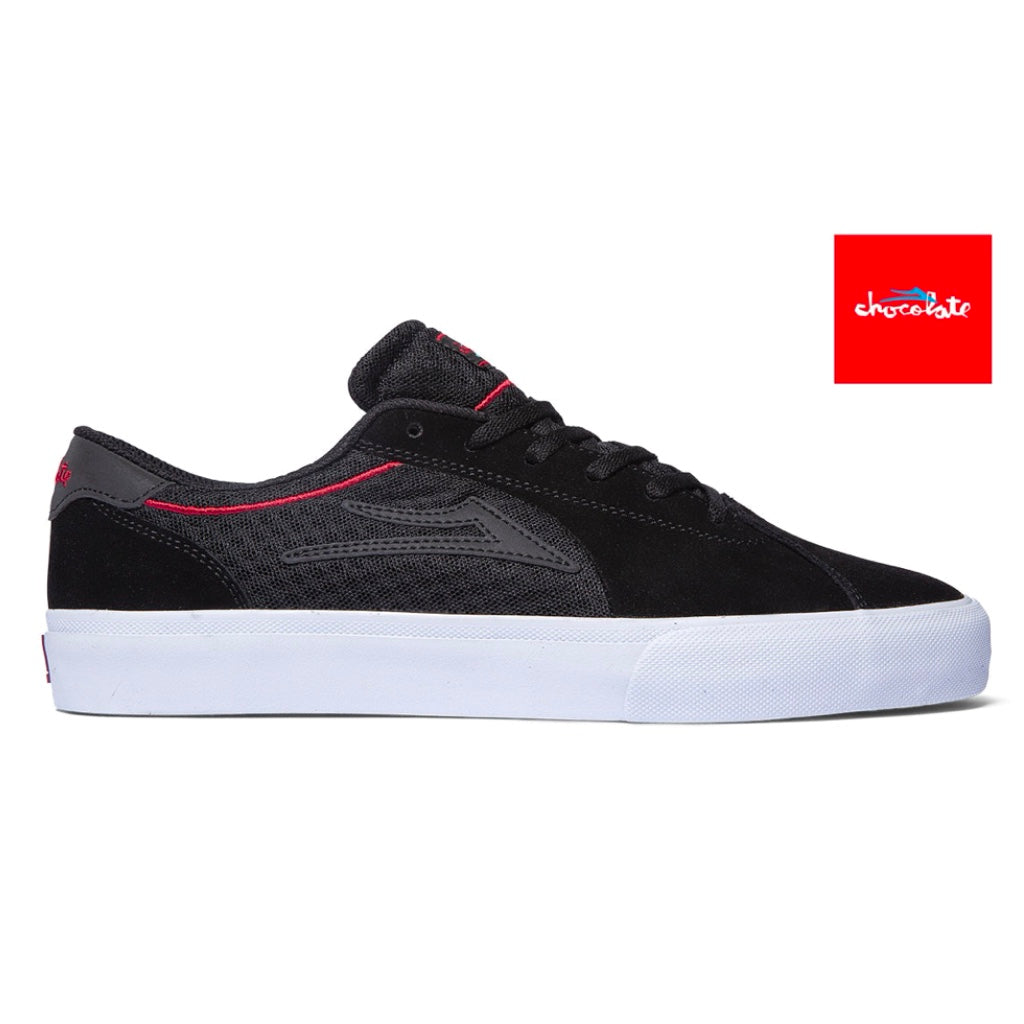 LAKAI X CHOCOLATE FLACO 2 BLACK RED SUEDE TRAINERS