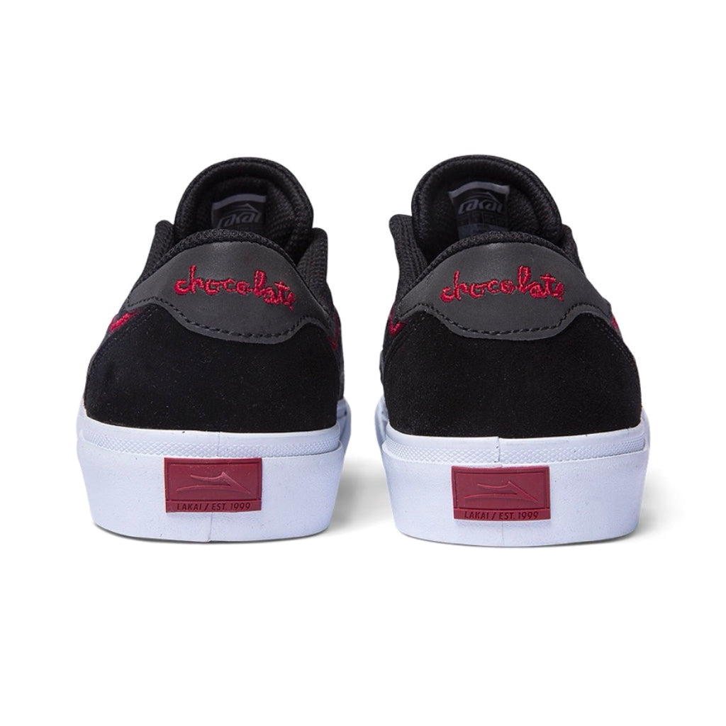 LAKAI X CHOCOLATE FLACO 2 BLACK RED SUEDE TRAINERS