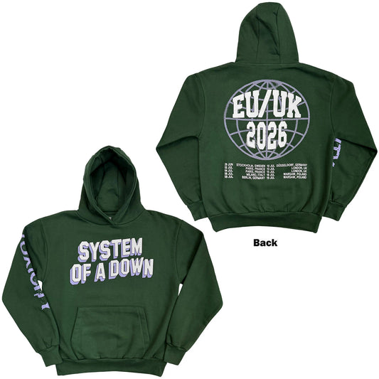 System Of A Down Unisex Pullover Hoodie: Hollywood Logo Tour '26 (Green) (Back Print & Ex-Tour)