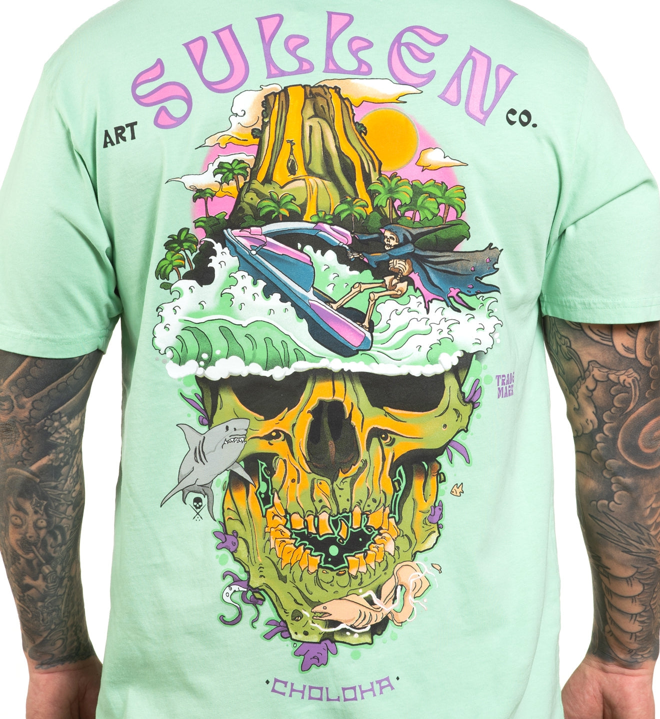 SULLEN CLOTHING SKULL ISLAND NEPTUNE GREEN PREMIUM T-SHIRT (2XL)