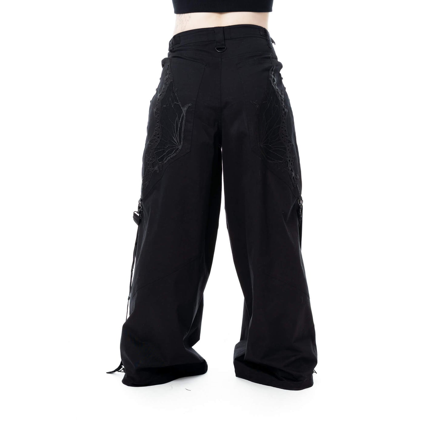 VIXXSIN MARIPOSA PANTS - SUPER BAGGY IN BLACK WITH EMBROIDERY