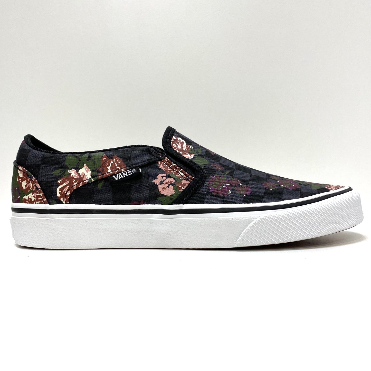 VANS ASHER SLIP ON FLOWERS & CHECKS BLACK & WHITE TRAINERS