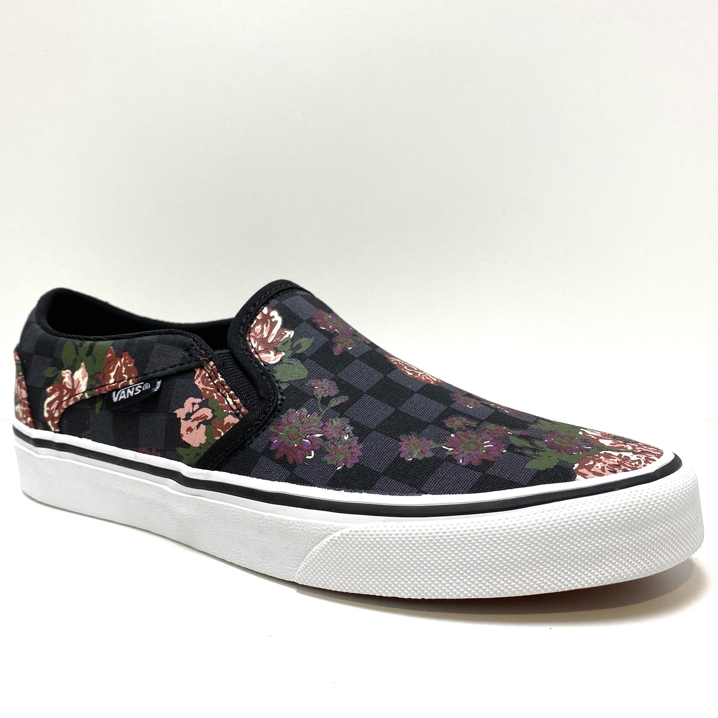 VANS ASHER SLIP ON FLOWERS & CHECKS BLACK & WHITE TRAINERS