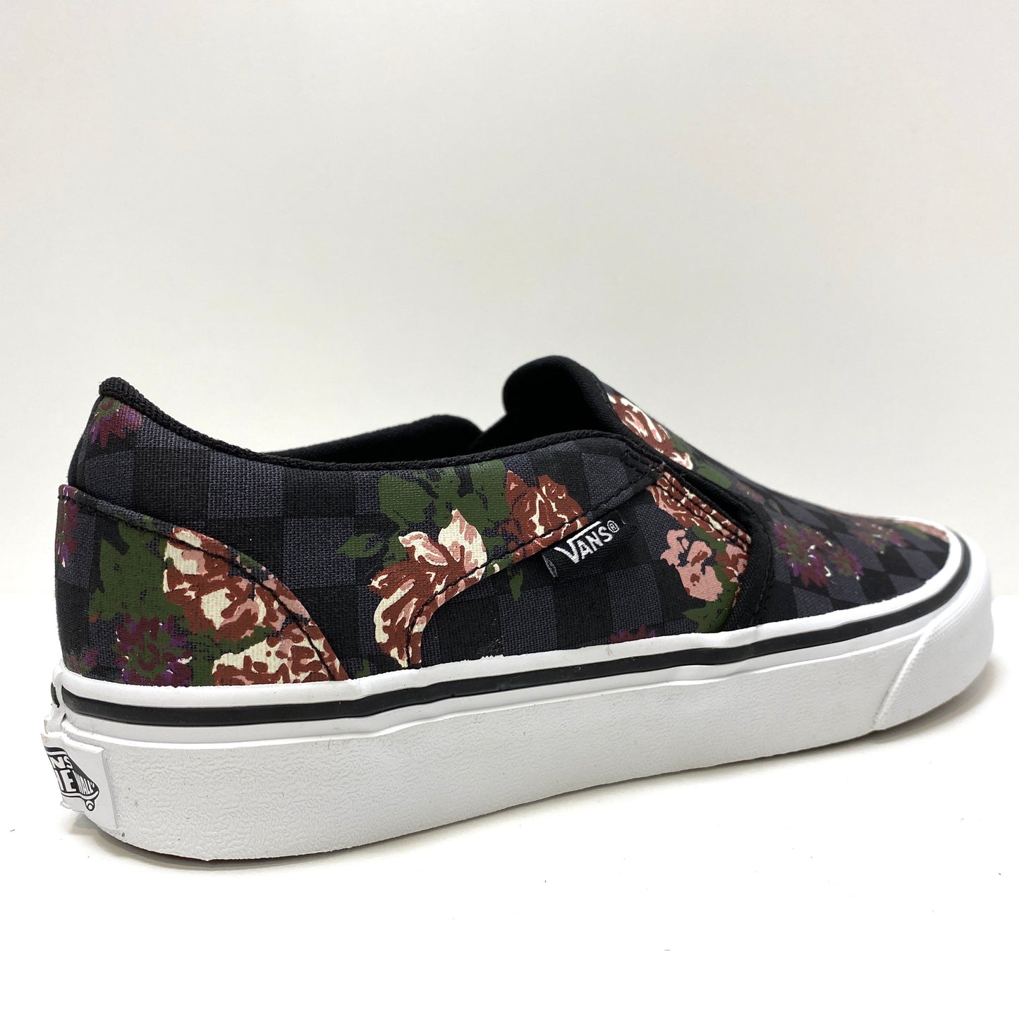 VANS ASHER SLIP ON FLOWERS & CHECKS BLACK & WHITE TRAINERS