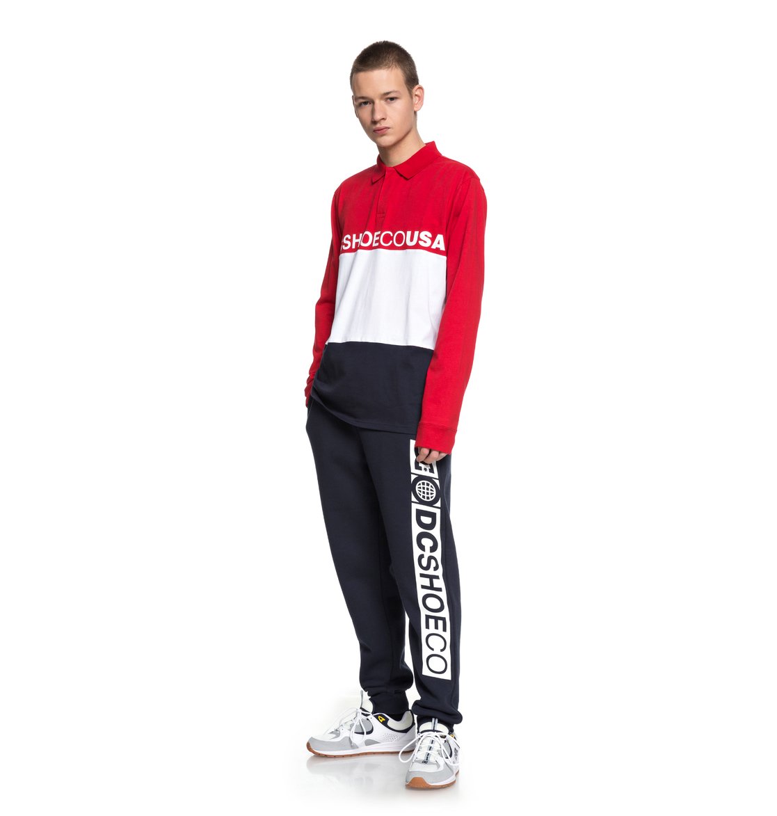 DC SHOES STEWARDSON RED WHITE NAVY LONG SLEEVE POLO SHIRT